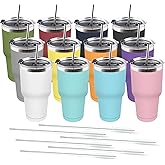 Amtidy 12 Pack 30oz Travel Mug, Powder Coated Stainless Steel Vacuum Double Wall Bulk Tumbler, Durable Insulated Coffe Cup with Splash Proof Lids straw and cleaning brush，for Home, Office, Party