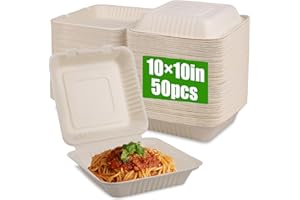 Pony Packaging Compostable Clamshell To Go Food Containers 10"x10"x3", 50 Pack Disposable Take Out Food Containers, Heavy-Duty Eco-Friendly Biodegradable Made of Sugar Cane Fibers