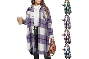 Womens Plaid Shacket Jacket Long Flannel Shirt Casual Lapel Button Down Trench Coats Long Sleeve Plaid Coat Pockets