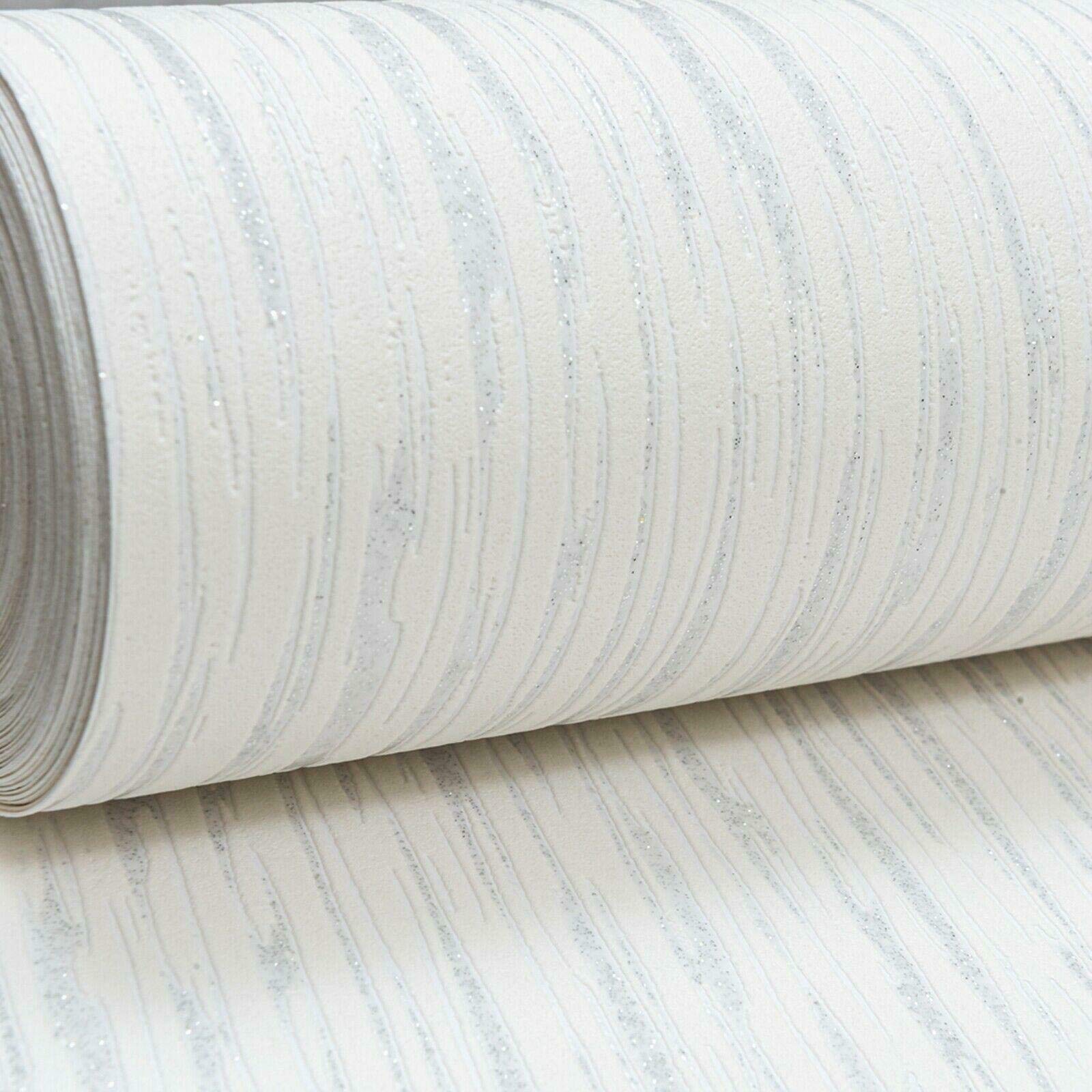 UGEPA Plain White Silver Glitter Lines Stripes Textured Blown Vinyl Wallpaper Embossed