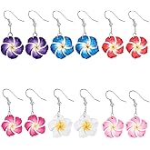 6 Pair Hawaiian Earrings for Women, Tropical Plumeria Earrings for Women Hibiscus Earring for Bohemia Luau Beach Party Jewelry Accessories