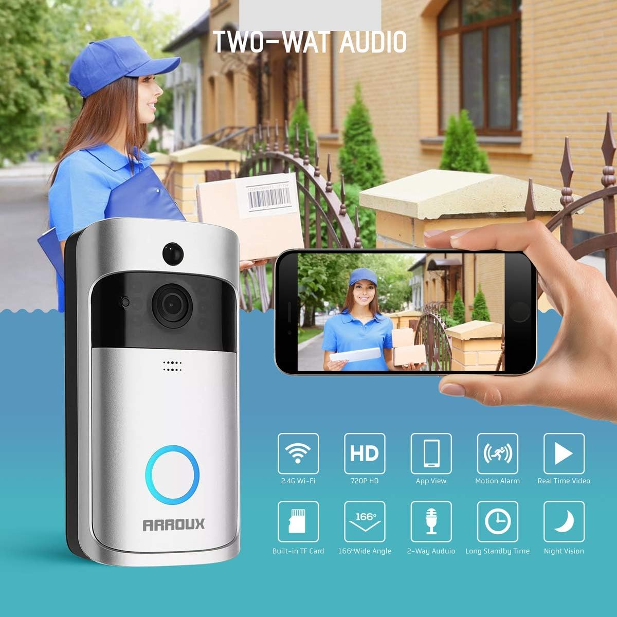 Arroux Wireless Smart WiFi 720P HD camera video Doorbell,2-way Talk,Night Vision