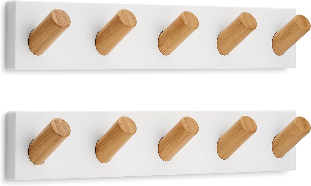 LARHN White Coat Hooks Wall Mounted Rack with 5 XL Hooks 42cm 2-Pack