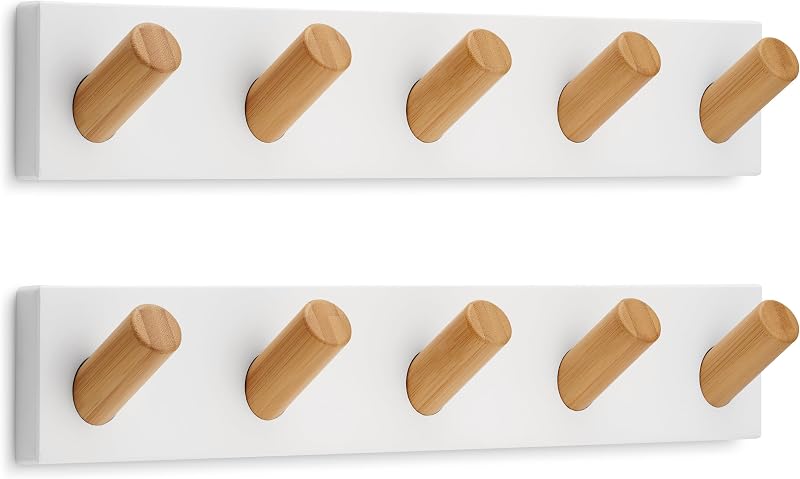 LARHN White Coat Hooks Wall Mounted Rack with 5 XL Hooks 42cm 2-Pack