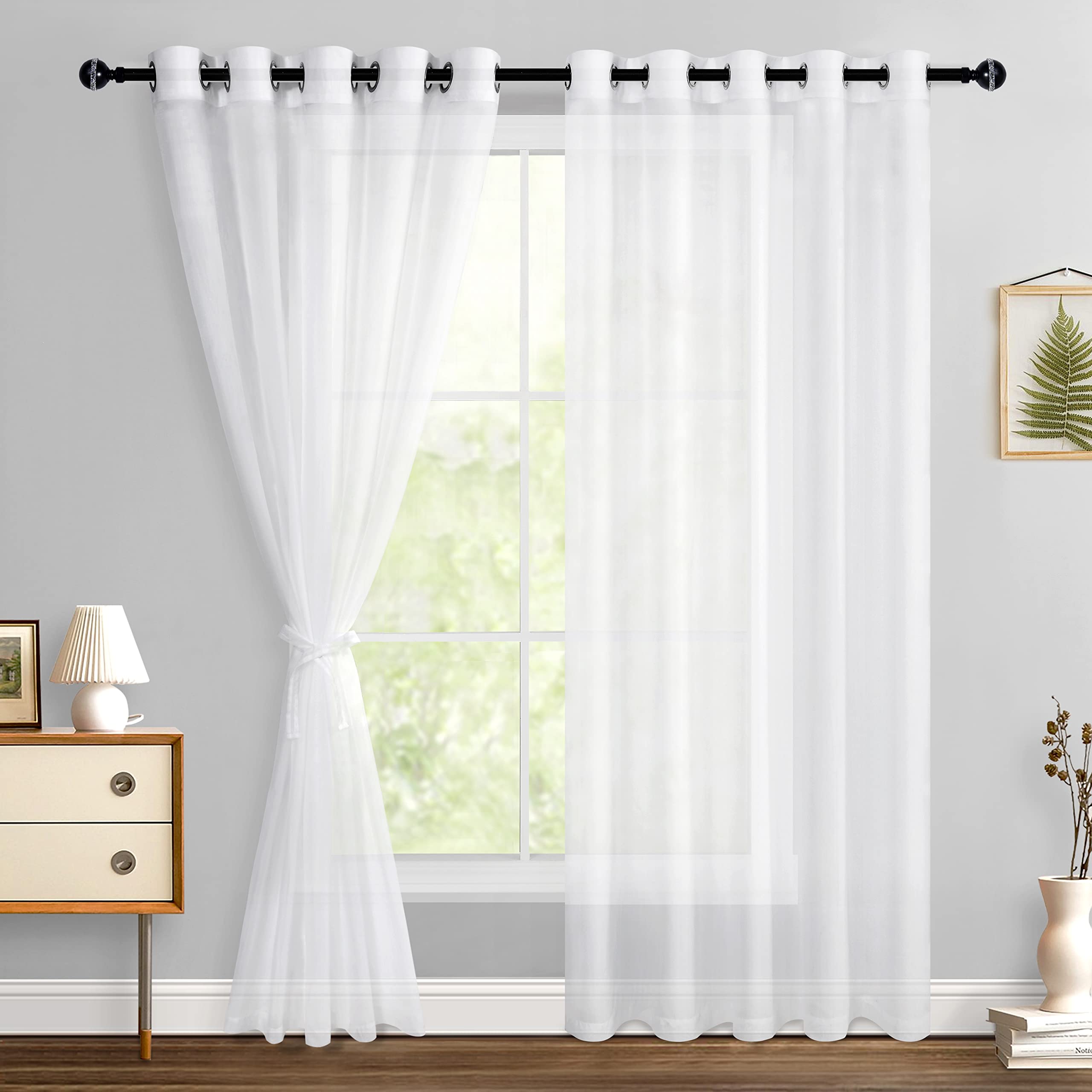 Hiasan Off White Sheer Curtains for Bedroom with Tiebacks, Grommet ...