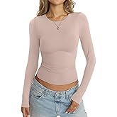 EasyGala Womens Double Lined Seamless Crew Neck Shirts Basic Long Sleeve Tops Sexy Slim Fit T Shirts Casual Fall Clothes