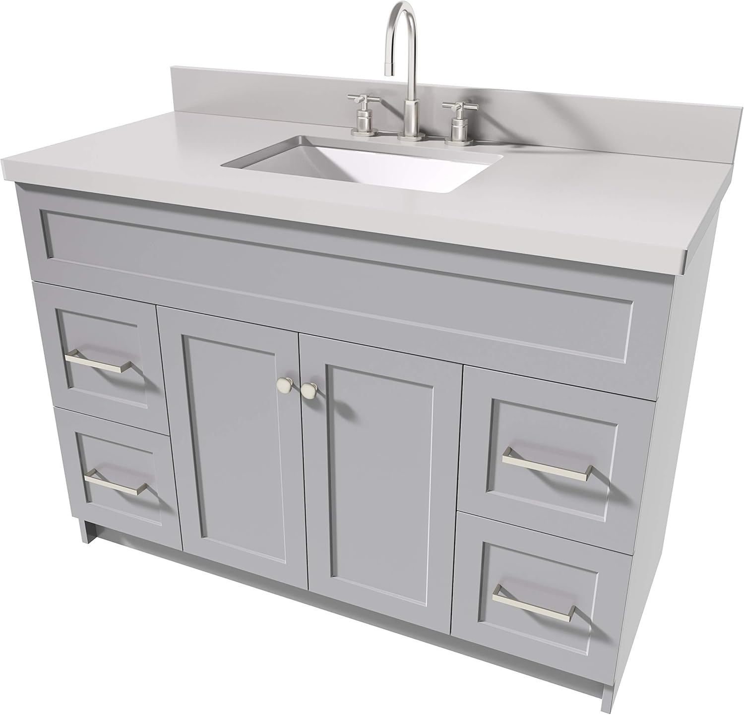 2 Soft Closing Doors 4 Full Extension Dovetail Drawers Built In Toe Kick No Mirror Satin Nickel Ariel 49 Inch Bathroom Vanity In Grey With 1 5 Inch Thick Edge White Quartz