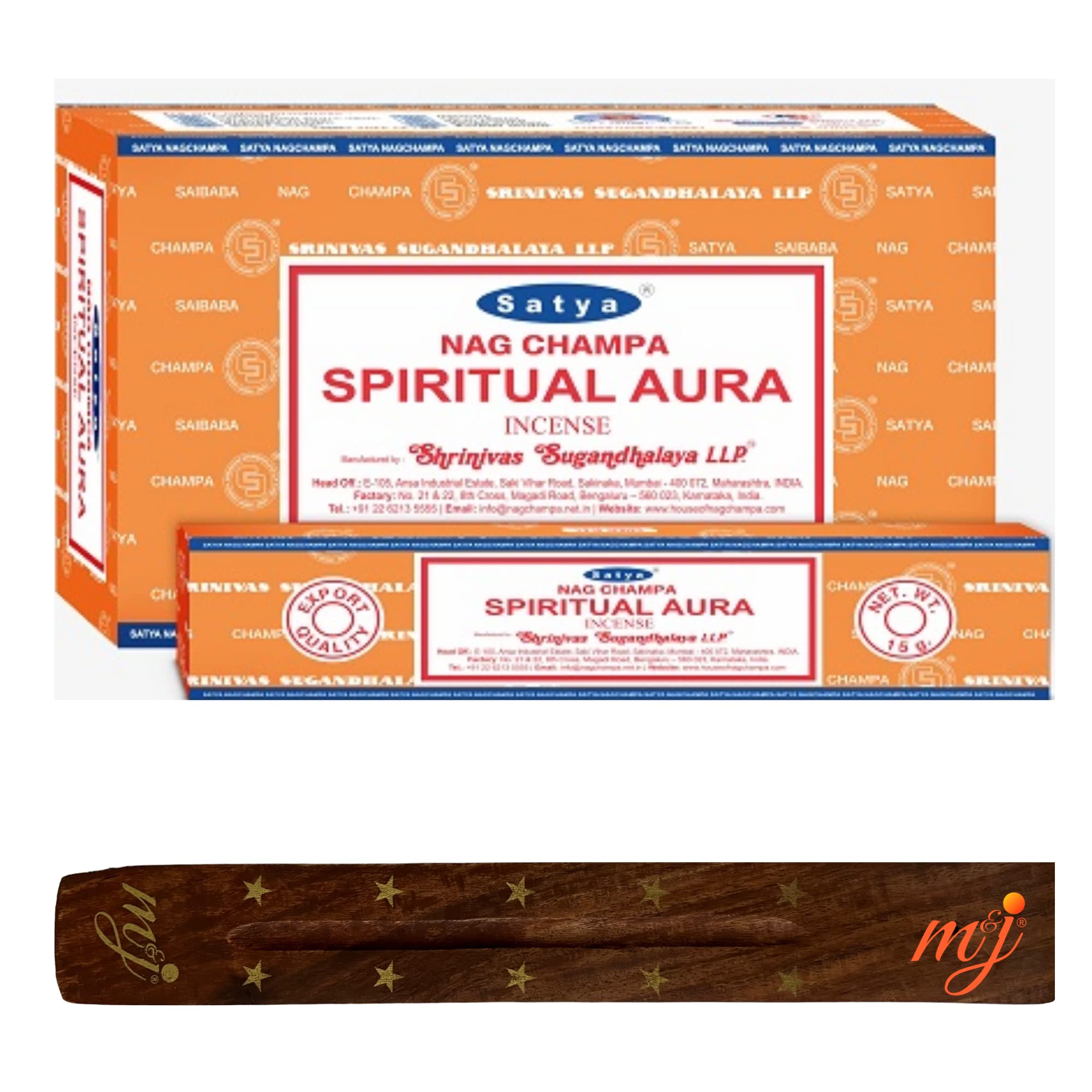 Original Satya Nag Champa Spiritual Aura Incense Sticks | with M&J incense sticks holder | Full Box | for Aromatherapy, Spa, Yoga, Weddings, Meditation, Healing, Positivity and Relaxation