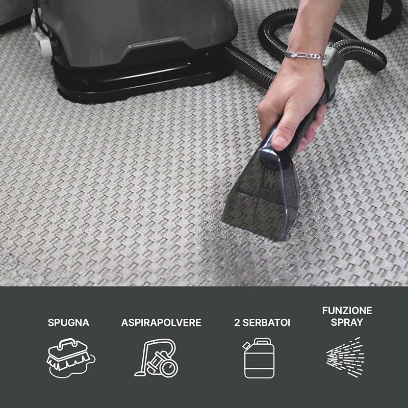 Macchina Aspirapolvere Lava Tappeti, Divani e Moquette 3 in 1 per Solidi e Liquidi - Pulizia Profonda, Serbatoi 1400 ml/1200 ml, Cavo 3 Metri, Grigio Scuro