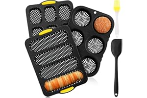 5 Pcs Silicone Hamburger Bread Mold, Non-Stick Silicone Hamburger Bun Pan with Spatula & Basting Brush, 4 6 9 Cup Hot Dog Bag