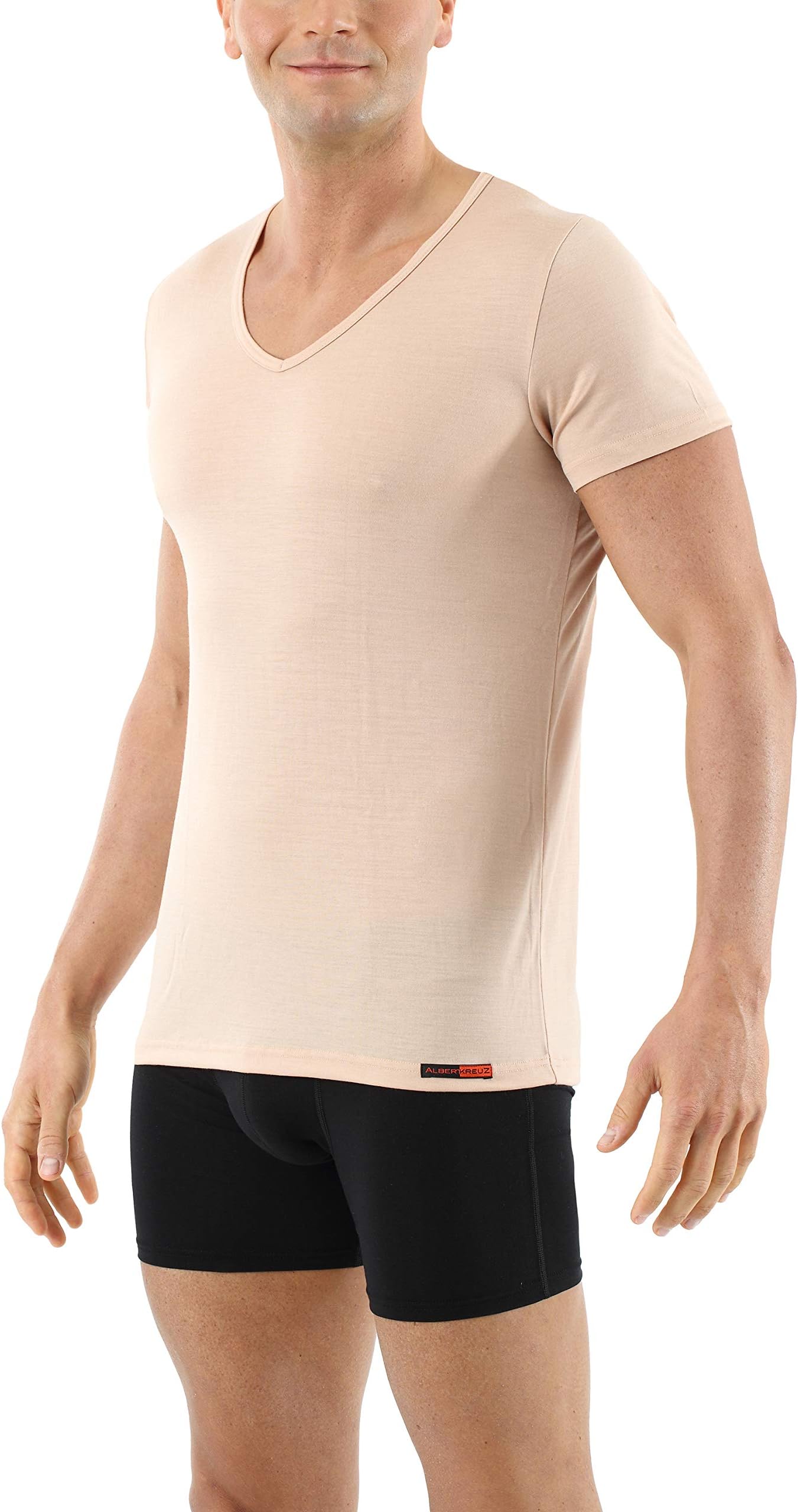 Albert Kreuz Men's Invisible Undershirt Merino Wool Short Sleeves v-Neck Nude