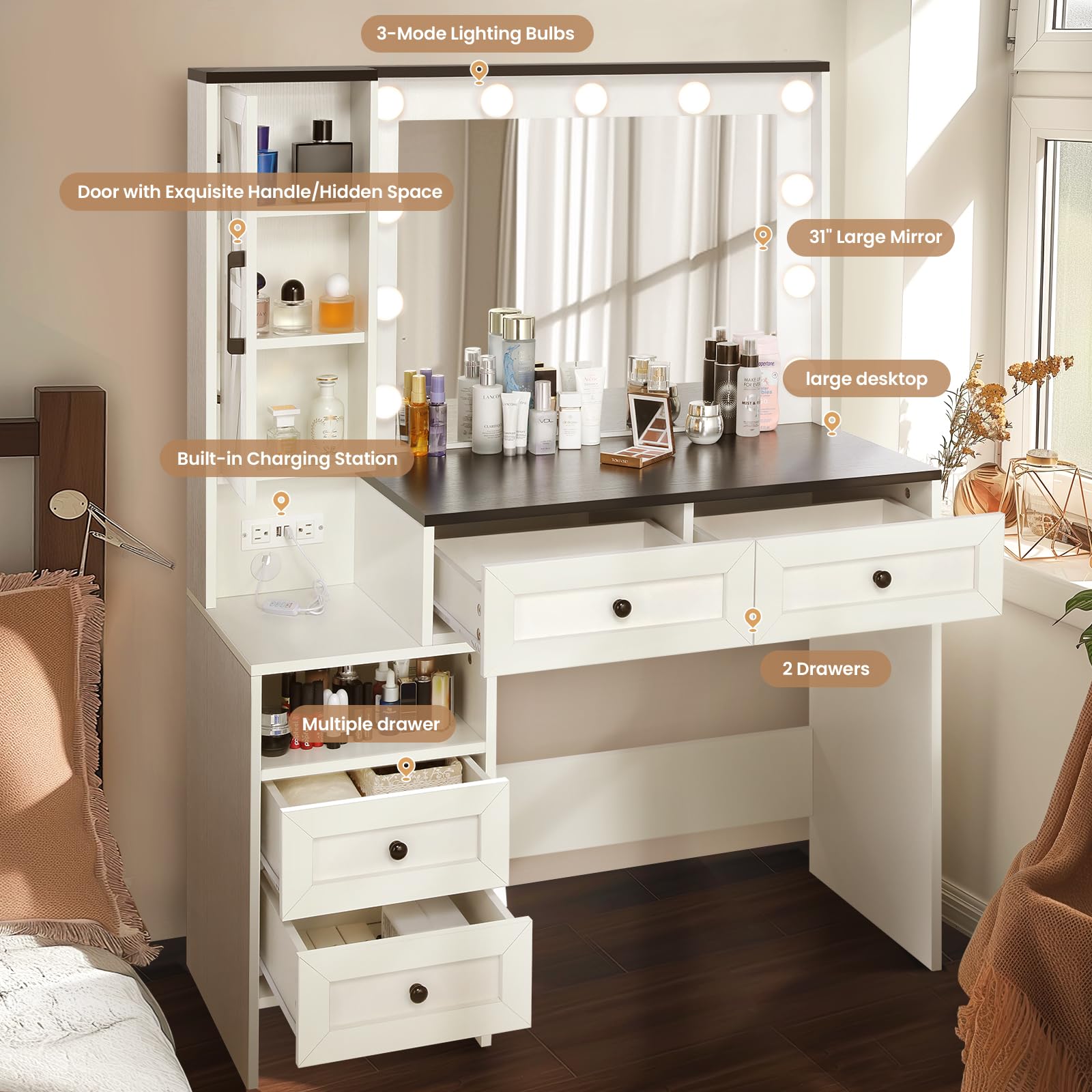 elifine Makeup Vanity Desk with Mirror and Lights - 40'' Farmhouse Vanity Table with Power Outlet & 4 Drawers, 3 Color Lighting Mode, Bedroom Dressing Table for Girl, Women