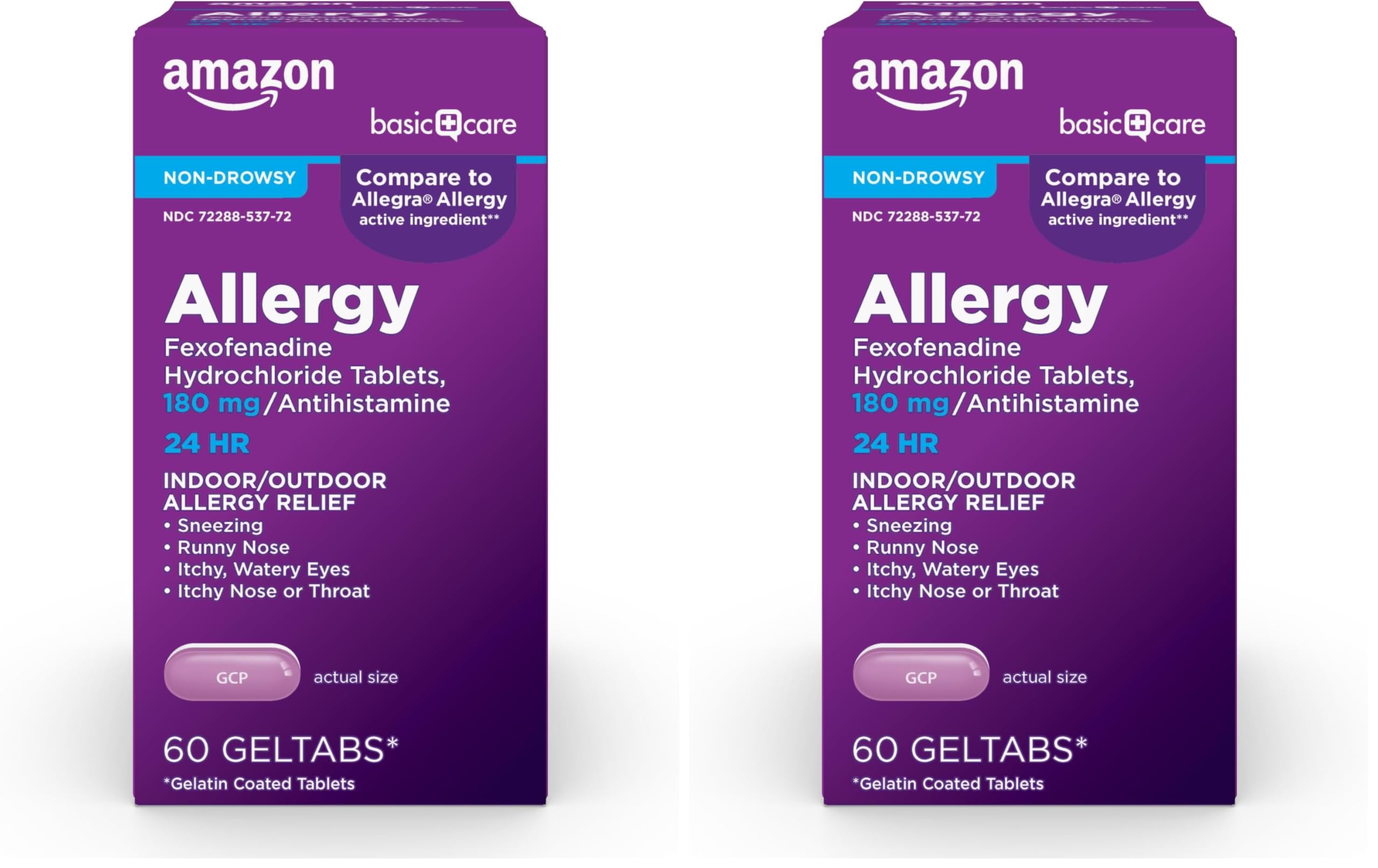 Amazon Basic Care, 24 Hour Allergy Relief, Fexofenadine Hydrochloride Geltabs 180 mg, Non-Drowsy Antihistamine, 60 Count (Pack of 2) Image