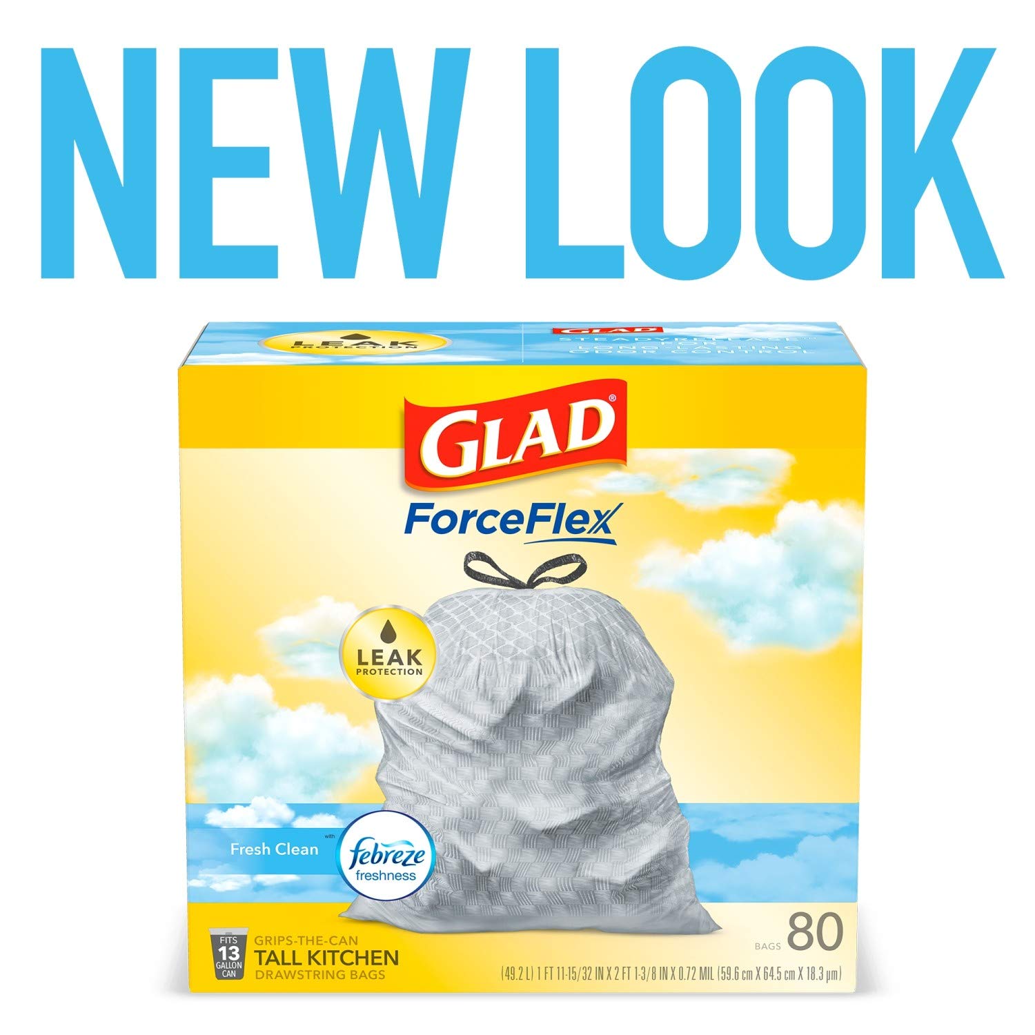 Glad ForceFlex Tall Kitchen Drawstring Trash Bags – 13 Gallon Trash Bag, Fresh Clean scent with Febreze Freshness – 80 Count (Package May Vary): Prime Pantry