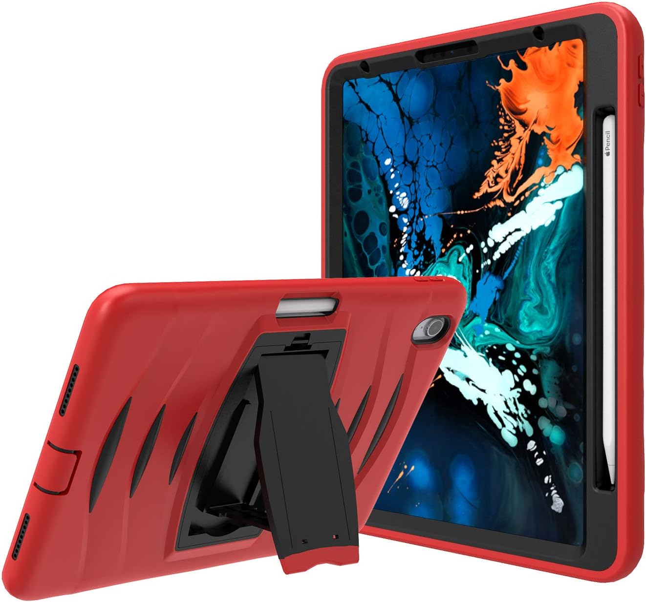 iPad Pro 11 inch Case 2018, SIBEITU Three Layer Heavy Duty Shockproof Rugged Case Cover with Pencil Holder, Stand for iPad Pro 11 Case [Support iPad Pencil Charging] Red