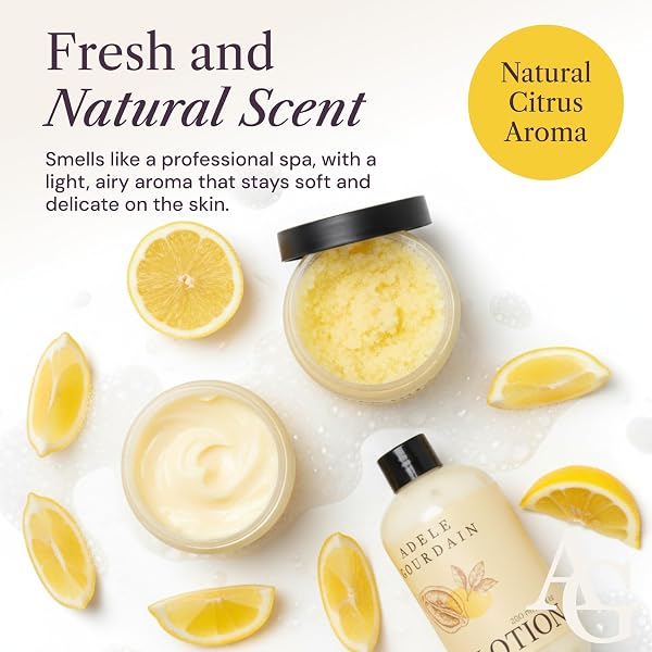 ADELEGOURDAIN SELF CARE KIT WOMAN – 4PCS CITRUS SCENT – BATH AND BODY CARE GIFT BASKET FOR WOMEN – PERSONAL CARE SPA CARE PACKAGE WITH BODY WASH, LOTION, SCRUB & BUTTER, MOTHER’S DAYS GIFTS FOR HER