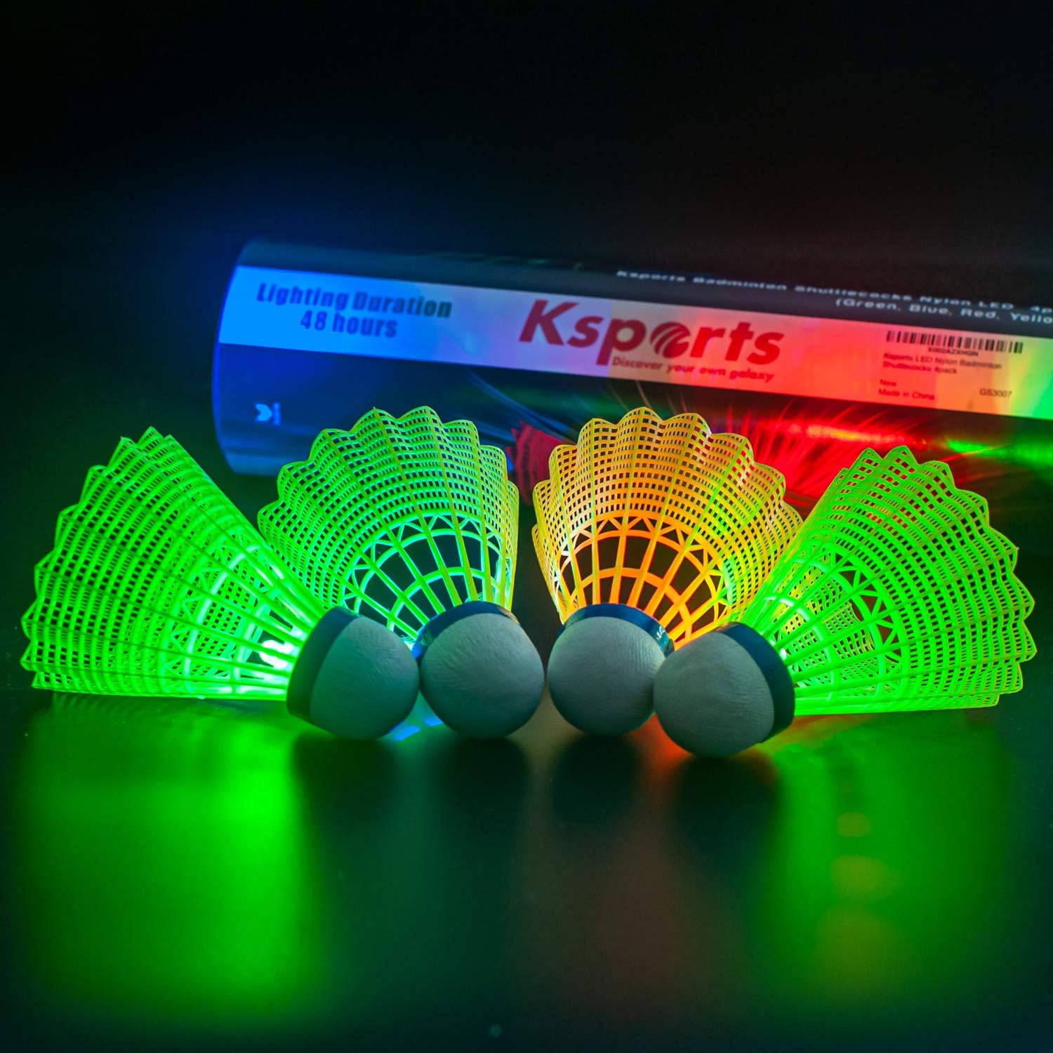 Ksports LED Badminton Shuttlecocks 4 Pack Tube − Glow in The Dark Lighting Birdies Shuttlecocks − with 4 Different LED Colors − Red Green Blue Yellow : Garden & Outdoor