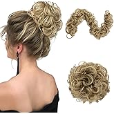 Benehair Messy Bun Hair Piece Juva Bun Hair Scrunchie Fluffy Curly Touseld Updo DIY Wrap Around Ponytail Hairpiece 32inch Wavy Donut Chignons for Women Ash Blonde 85g