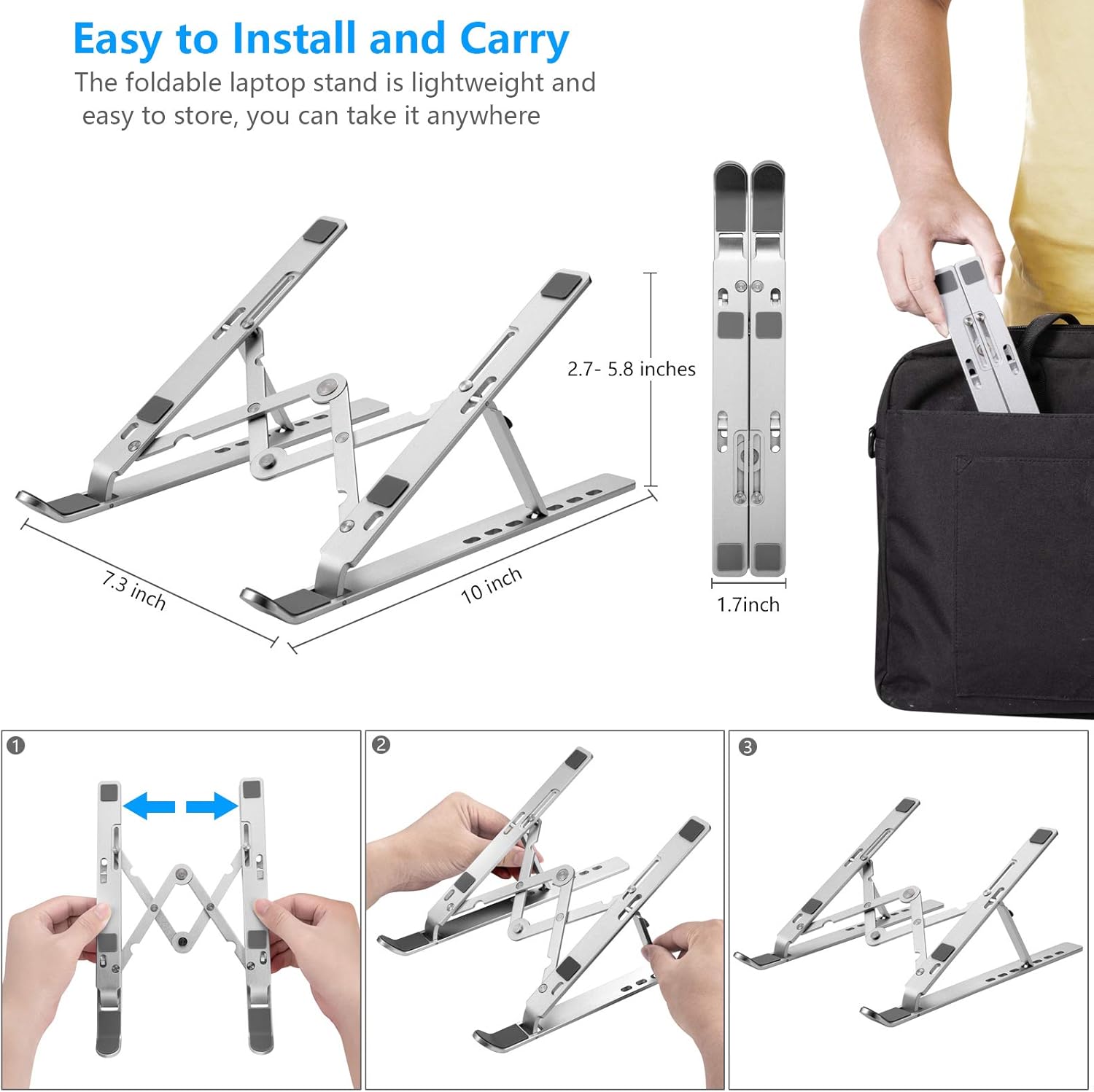 Laptop Stand, Laptop Holder Riser Computer Stand, Adjustable Aluminum Foldable Portable Notebook Stand, Compatible with MacBook Air Pro, HP, Lenovo, Dell, More 10-15.6” Laptops and Tablets (Silver): Office Products