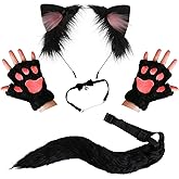 Uleeso Black Cat Ears Headband with Tail and Paw Gloves - Plush Furry Cat Ear Hair Band Set for Girl Women Adult Costume Halloween Cosplay, 4PCS