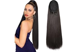 SEIKEA 28" Ponytail Extensions Drawstring Long Straight Fake Pony Tail Natural Soft Clip in Hair Extension Synthetic Heat Resistant Hairpiece - Black Brown