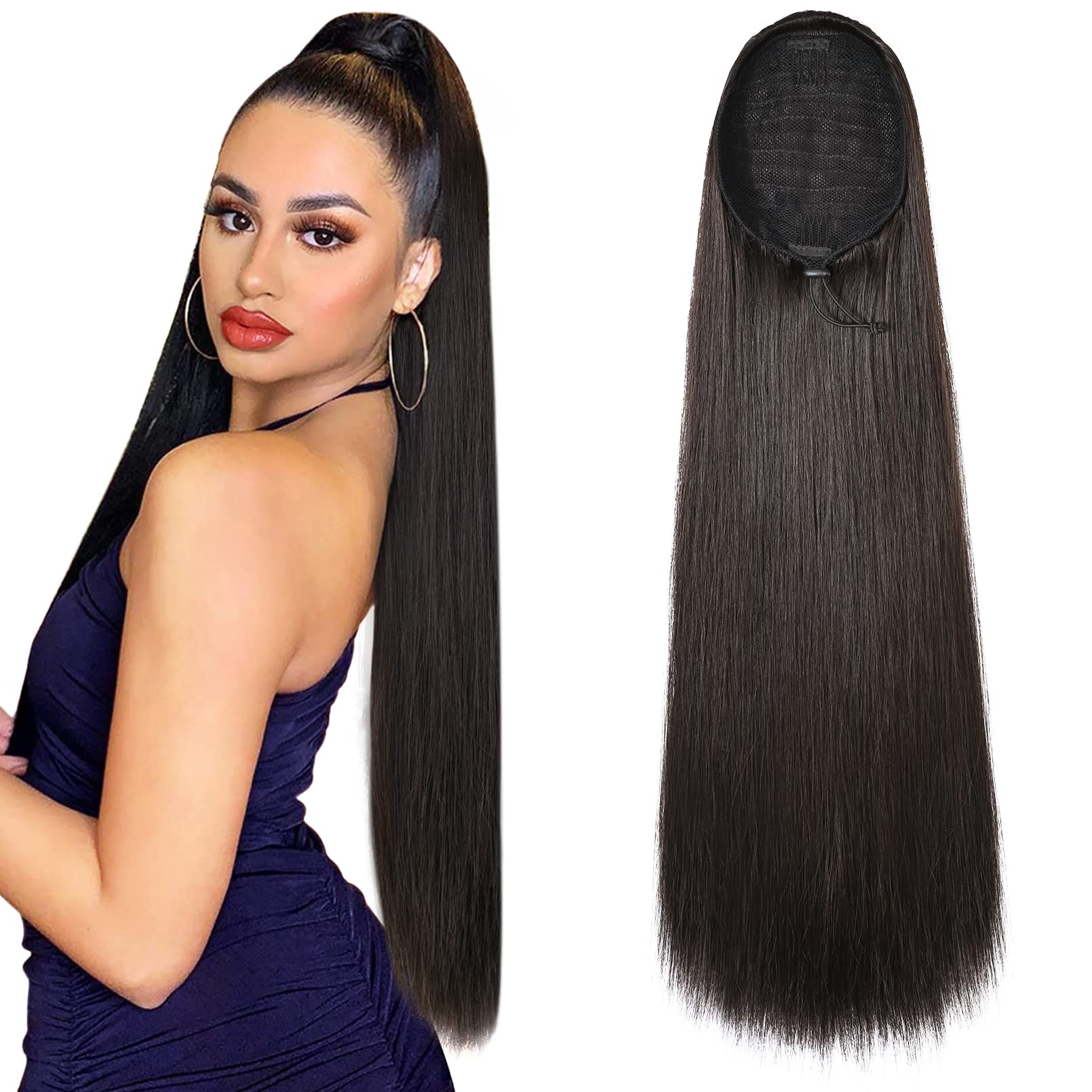 Photo 1 of SEIKEA 28" Ponytail Extensions Drawstring Long Straight Fake Pony Tail Natural Soft Clip in Hair Extension Synthetic Heat Resistant Hairpiece - Black Brown
