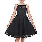 Sunny Fashion Girls Dress Lace Overlay Spaghetti Strap Flared Back Bow Party Recital Size 6-12
