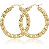 14K Gold Hoop Earrings for Women, Textured Gold Hoops,Minimalist Classic High Polished Lightweight Round Hoop Earrings 35mm, Everyday Statement Jewelry Gift for Her