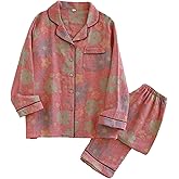 Vintage Leaf Cotton Lapel Loungewear Set, Ginkgo Leaf Button Colorful Floral Pure Pajama, Women's Pajama Two Piece Set
