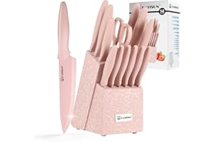 KATISUN Kitchen Knife Set with Block, 14 Piece Pink Non-Stick Coated Stainless Steel Knives Set, Anti-Rust and Dishwasher Saf