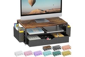 gianotter Wood Monitor Stand Riser, Office Desk Shelf Organizer, Desk Organizer with Drawer and Pen Holder, 2-Tier Computer Stand, Office Organization (Wood)
