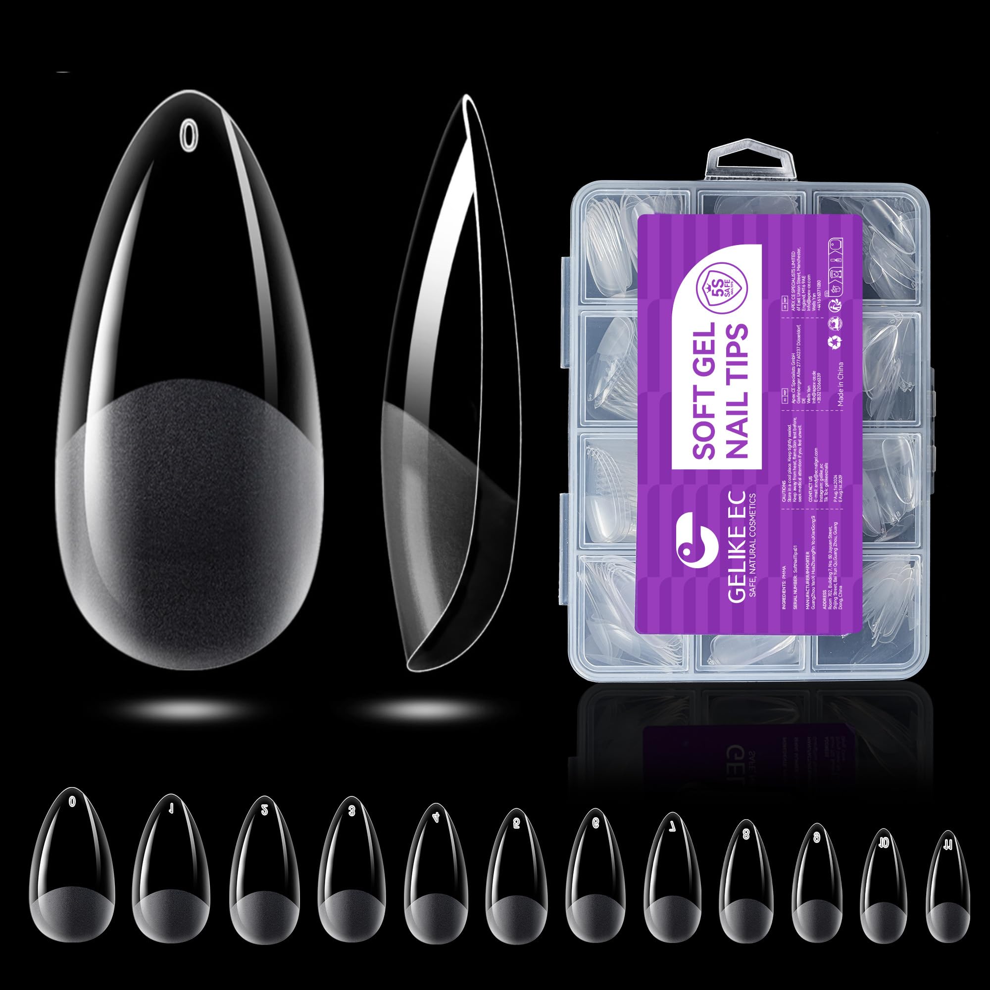 Medium Almond Nail Tips for Extension: Gelike EC Soft Gel Nails Tip Easy and Long Last- 240pcs 10 Sizes for Salon Home DIY Practice Art Design