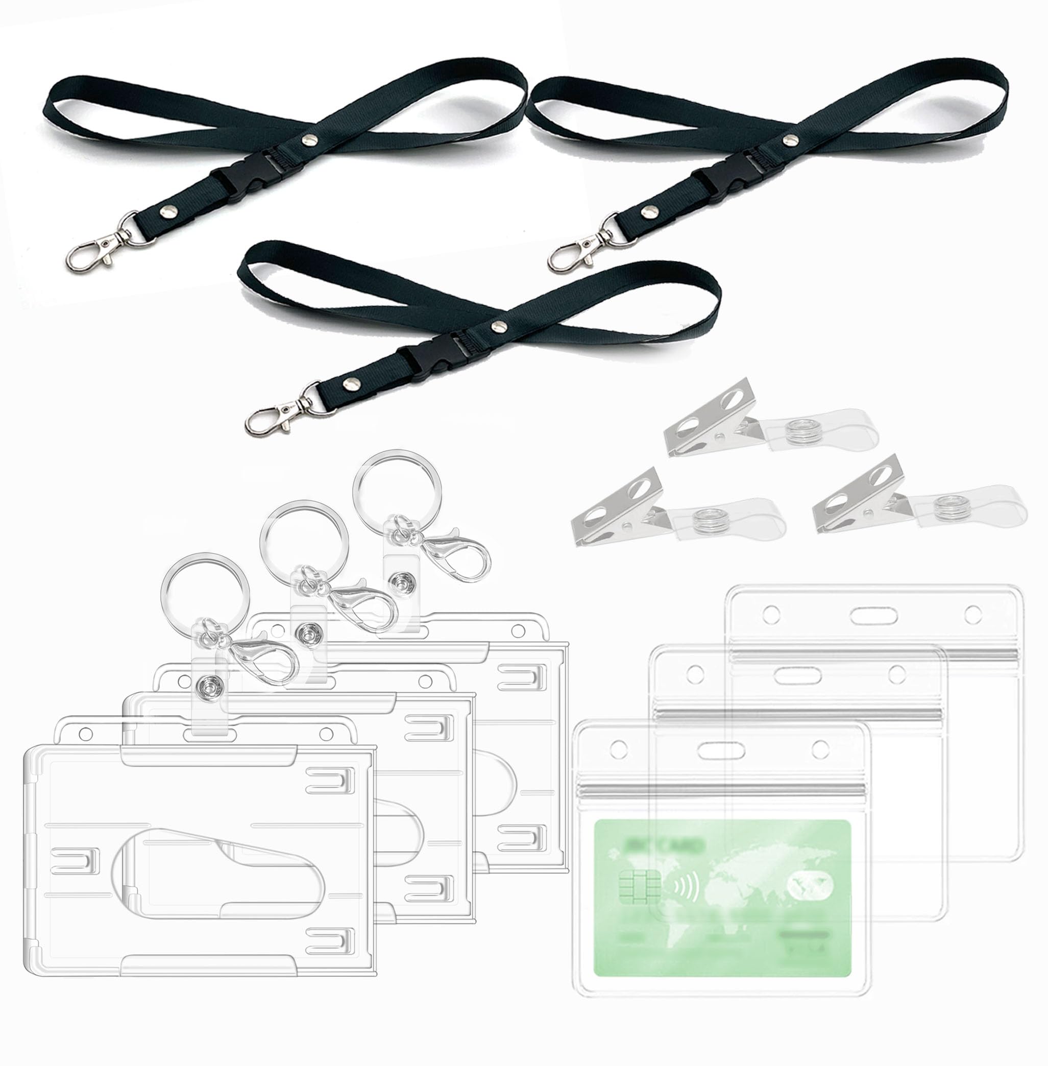 ID Card Holders with Lanyard,Keychains,Clips, Hard Clear Badge Holder, for ID Card Holder Office,School, ID Credit Cards,ID Clip,Pass Holder (3 Set Horizontal)
