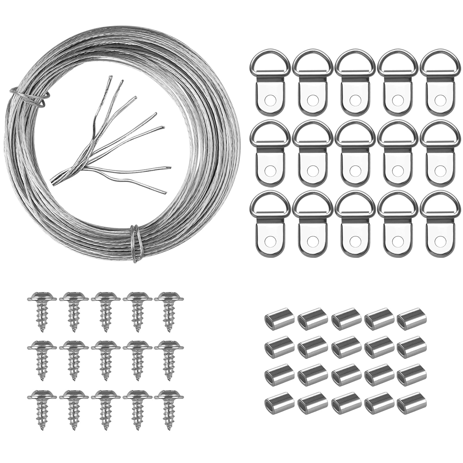 Yeestone Picture Hanging Kit - 10m Heavy Duty Wire, 15 D Rings, 15 Screws, 20 Crimp Tubes