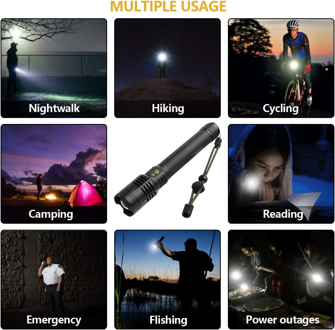 LED Tactical Flashlight, Tactical Torch Rechargeable 60000 Lumens, Adjustable Focus Handheld Waterproof Rechargeable Torch, Super Bright Portable Outdoor Torch Light: Sports & Outdoors