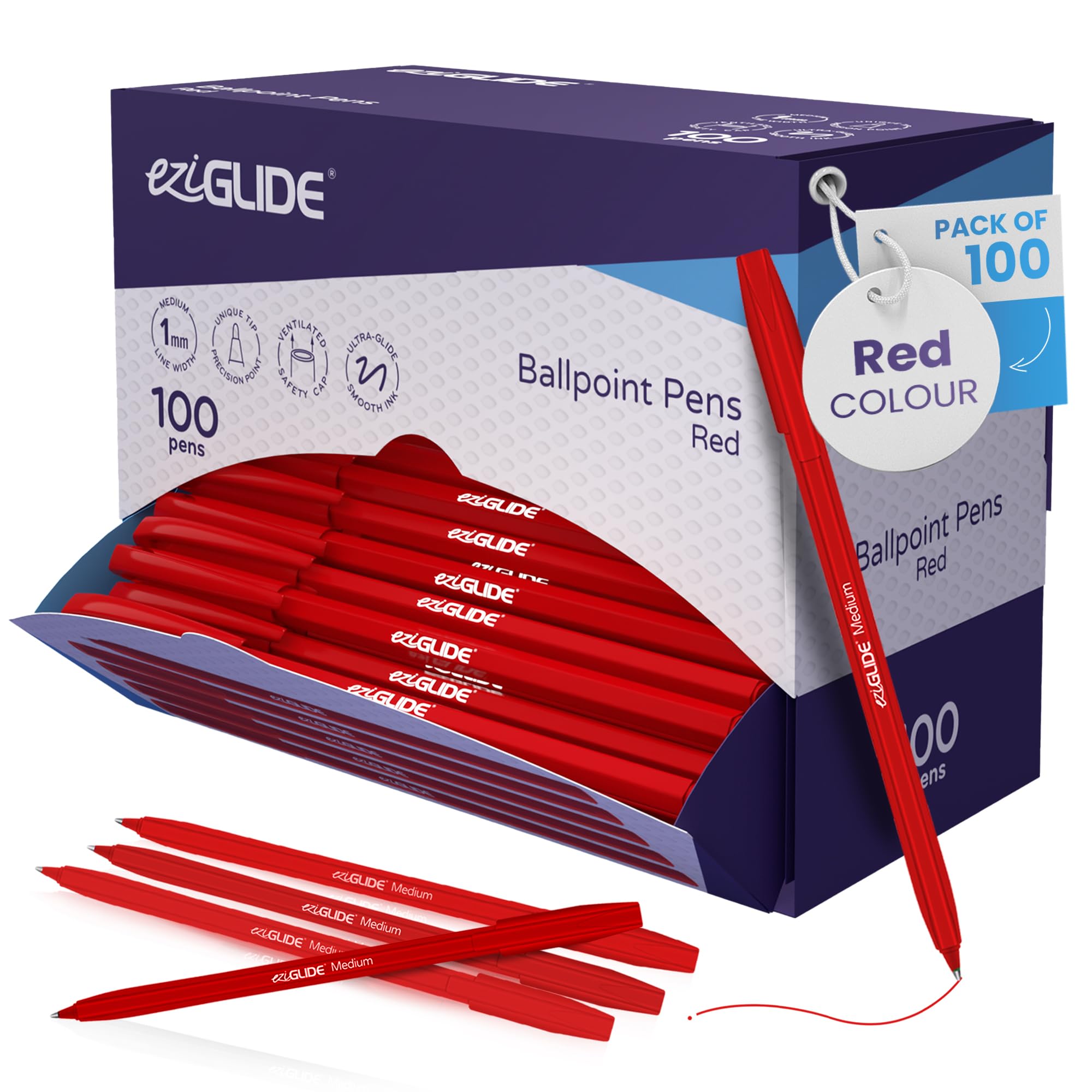 Eziglide 100-Pack Ballpoint Pen Set, Red – Medium Point Nib (1.0mm) for Smooth Writing & Easy Grip – Quick-Dry Ink, Ideal for Home, Office, School, Exams, Work, & Everyday Writing Needs
