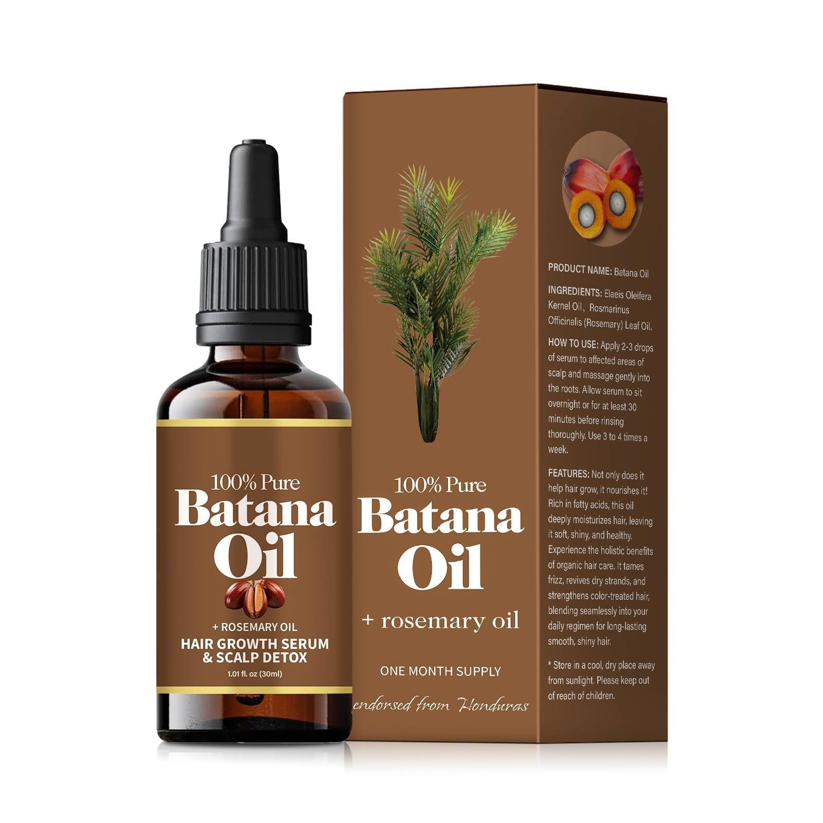 Batana Oil with Rosemary for Hair Growth, 100% Organic Batana Oil from Honduras with Rosemary, Reduce Hair Loss, Strong & Healthy Hair, Nourish Scalp, for All Hair Types, 30 ml