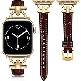 Leather Band Compatible with Apple Watch Bands for Women, Dressy Fancy Strap for iWatch Series 11/10/9/8/7/6/5/4/3/2/1/se(38mm 40mm 41mm 42mm,Dark Brown/Gold)