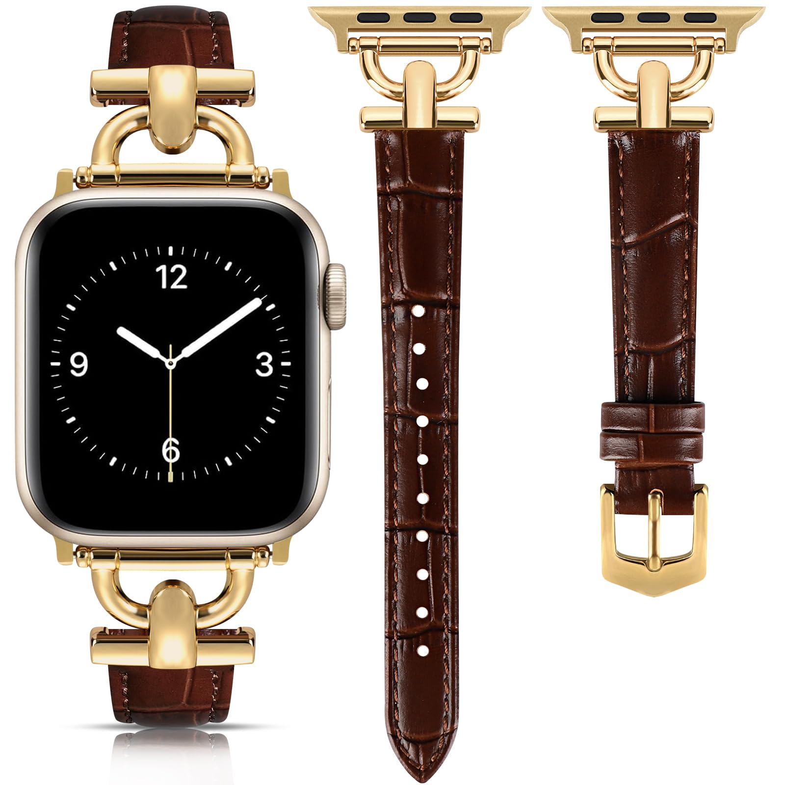 mxiixnai Leather Strap Compatible with Apple Watch Straps 44mm 45mm 49mm 46mm 42mm Women, Slim Thin Leather Replacement Strap for iWatch Bands Series 10 9 8 7 6 5 4 3 2 1 SE Ultra 2,Brown/Gold — image 1
