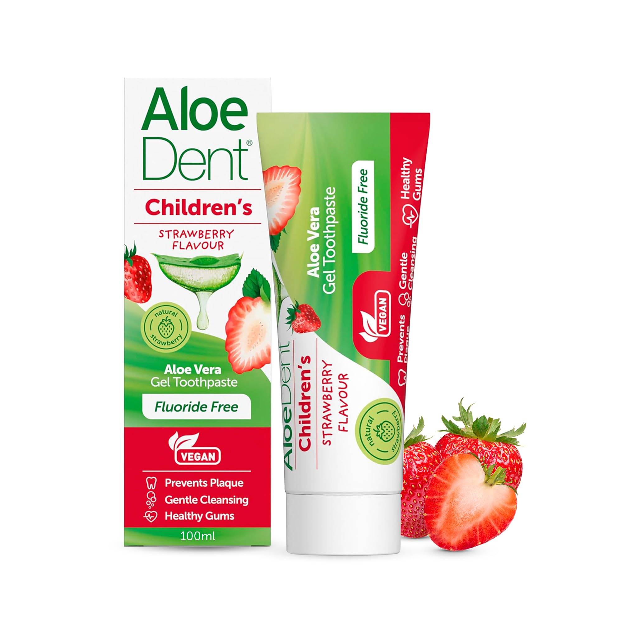 Aloe Dent Children's Aloe Vera Toothpaste Fluoride Free, Natural Action, Vegan, Cruelty Free , SLS Free, Strawberry Flavour, Healthy Gums, 50 ml