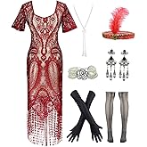 Womens Vintage Lace Fringed Gatsby 1920s Cocktail Dress with 20s Accessories Set