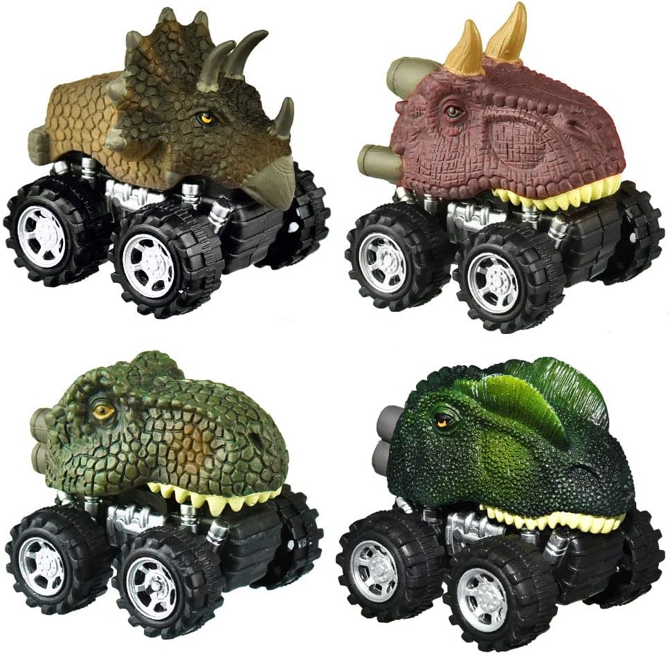 SOKY Gift for 3-8 year Old Boy, Dinosaur Pull Back Cars for 2-8 Year Old Boys Girls Dinos Car Toys for Boys Age 2-8 Easter Gifts Educational Presents Stocking Fillers for Kids (4 PACK)