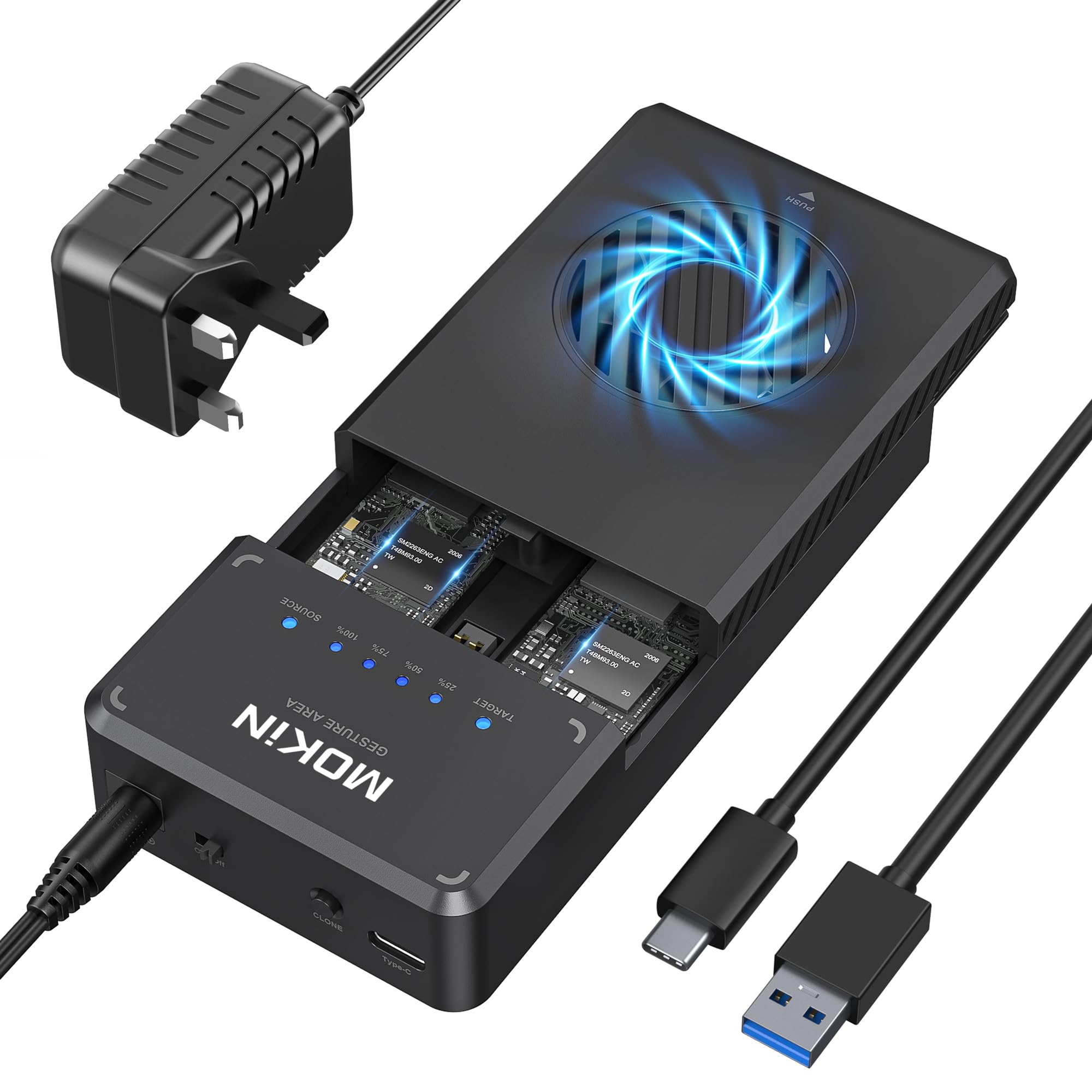 Mokin Nvme Enclosure, M.2 Ssd Enclosure Dual-Bay Offline Clone Tool-Free, Usb 3.1 Gen 2 10Gbps Nvme Docking Station With Cooling Fan, Hard Drive Enclosure For Nvme Pcie Size 2230/2242/2260/2280(8Tb)