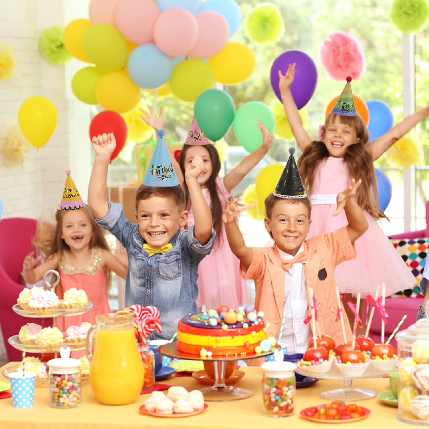 DIYASY Kids Birthday Party Hats, 10 PCS Colorful Party Cone Paper Hats with Pom Poms for Kids Party Decorations Supplies Rainbow: Clothing