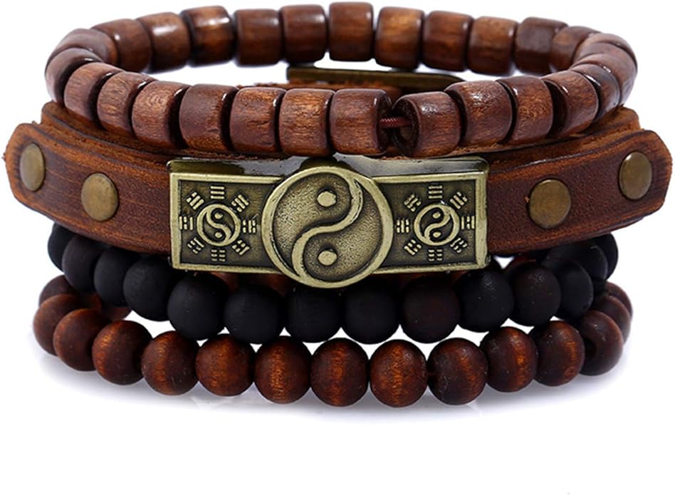 4Pcs Yin Yang Bracelet Taoist Symbol Taichi Yoga Leather Hemp Cords Wood Beads Strand Bracelets