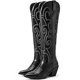 Rollda Cowboy Boots for Women Cowgirl Boots Embroidered Knee-High Western Boots Pointy Toe with Chunky Heel