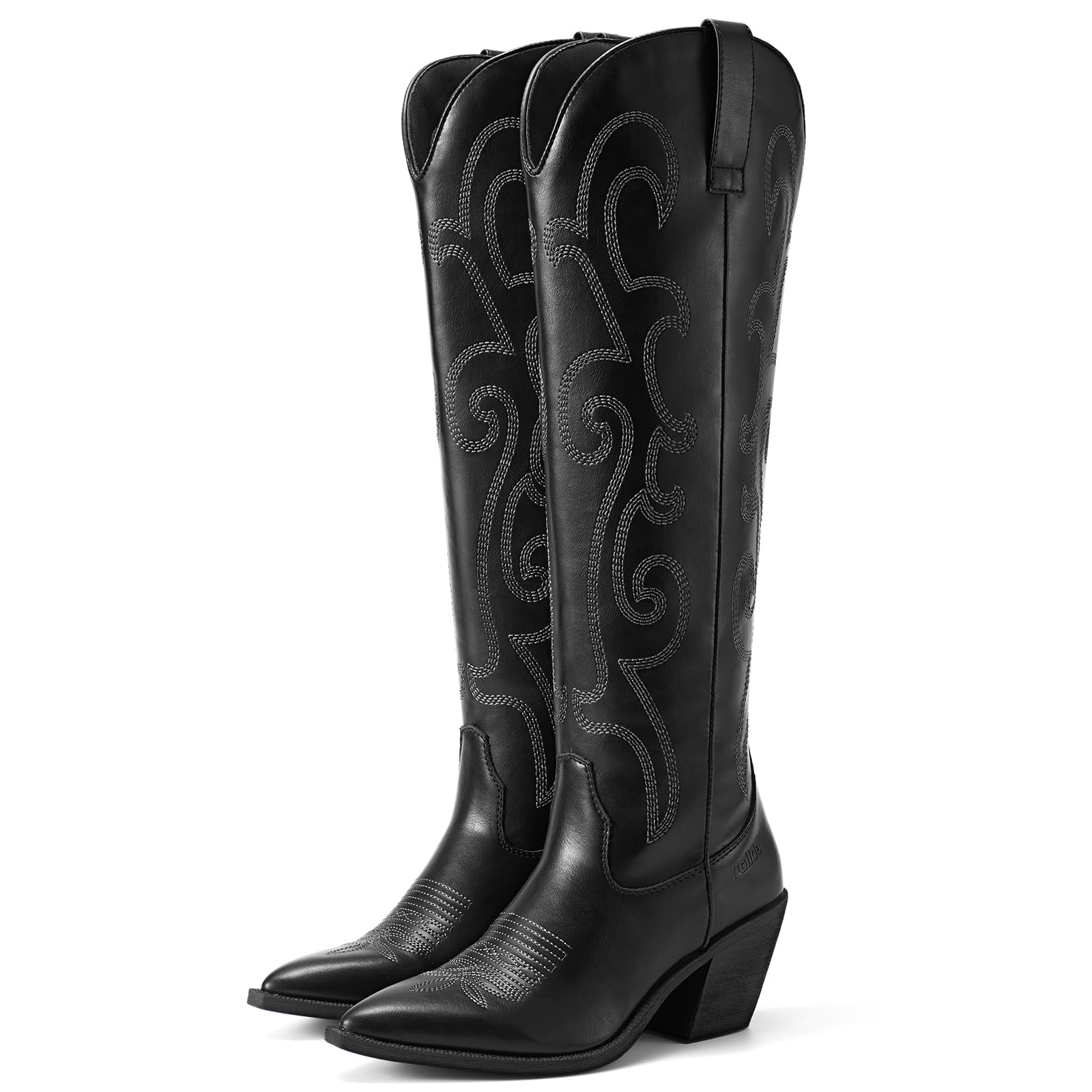 Photo 1 of Rollda Cowboy Boots for Women Cowgirl Boots Embroidered Knee-High Western Boots Pointy Toe with Chunky Heel Black W/Zipper Size 9