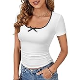 Vrtige Women's Basic Crewneck Short Sleeve Bow Slim Fit Ribbed Knit Summer Crop Tee Tshirt Top