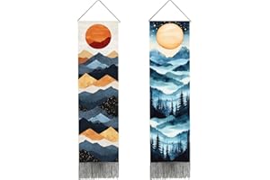 PRESSINART 2 Pcs 2 Styles Boho Long Vertical Tapestry Moon Mountain Tapestry Forest Tree Aesthetic Nature Landscape Art Black