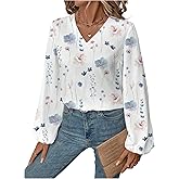 MakeMeChic Women's Floral V Neck Blouse Lantern Sleeve Business Work Shirts